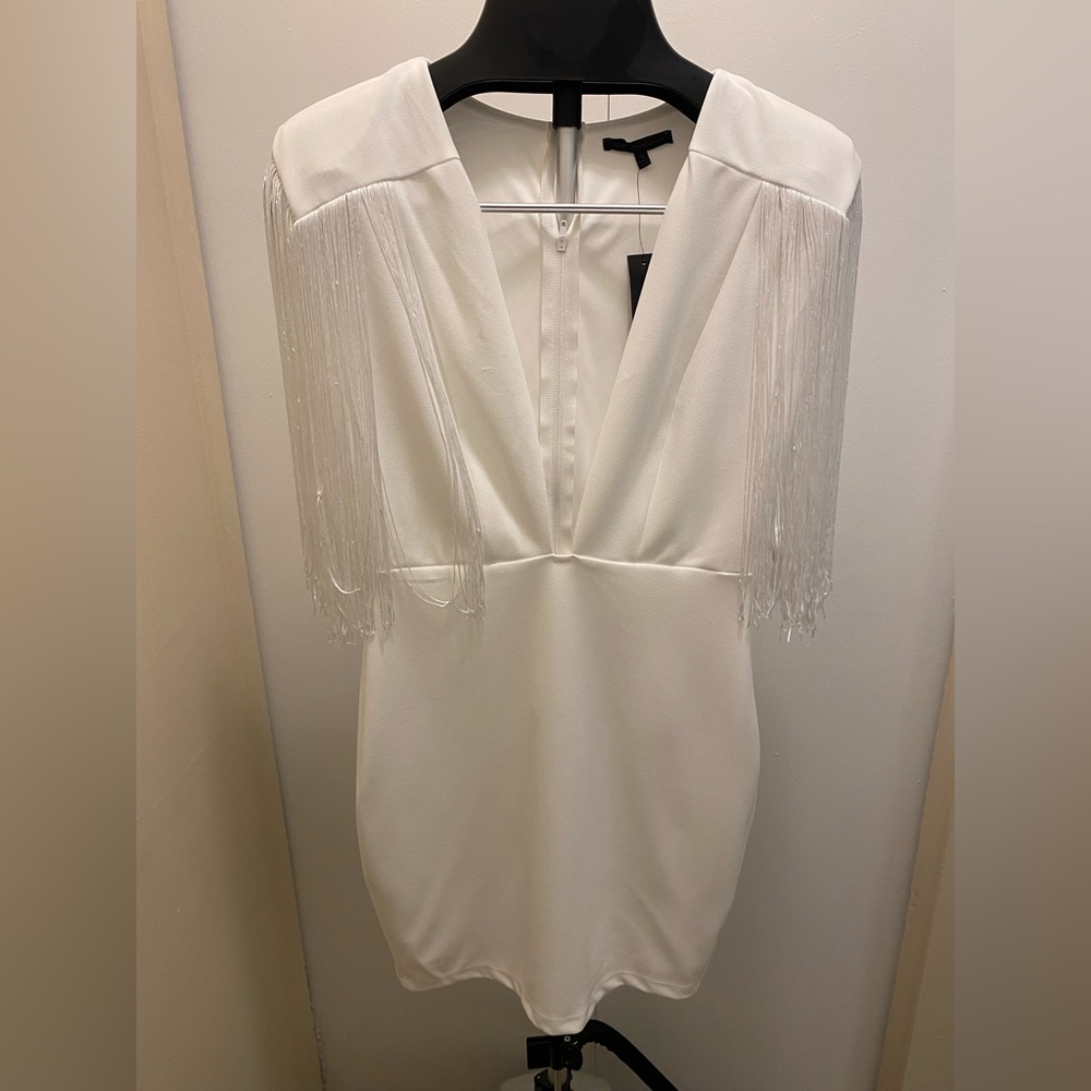 White Mini Dress with Fringe “sleeves” NWT